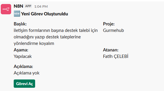 Odoo yardım masasında yeni görev açılınca n8n ile Slack kanalına düşen bildirim