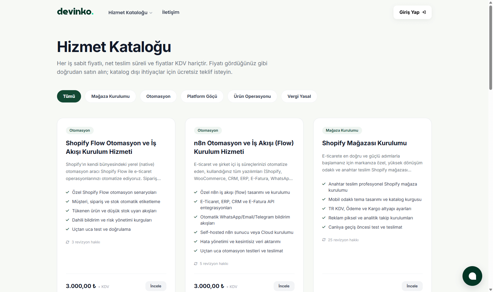 Sabit fiyatlı e-ticaret teknik hizmet kalemlerinin listelendiği Devinko kataloğu