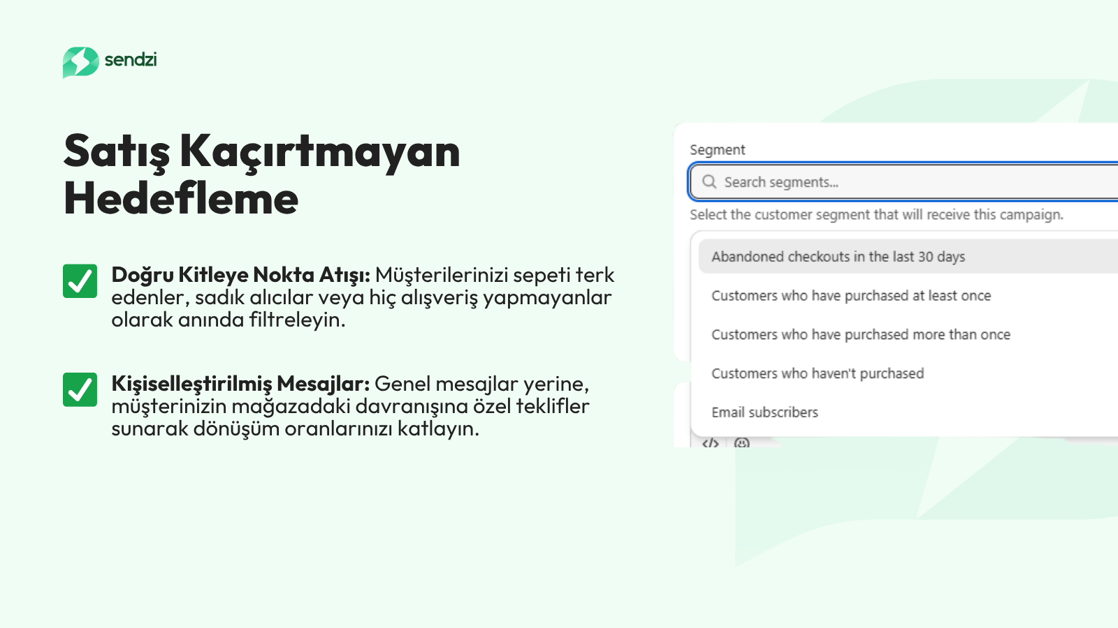 Shopify SMS pazarlama için müşteri segmenti seçilen Sendzi ekranı