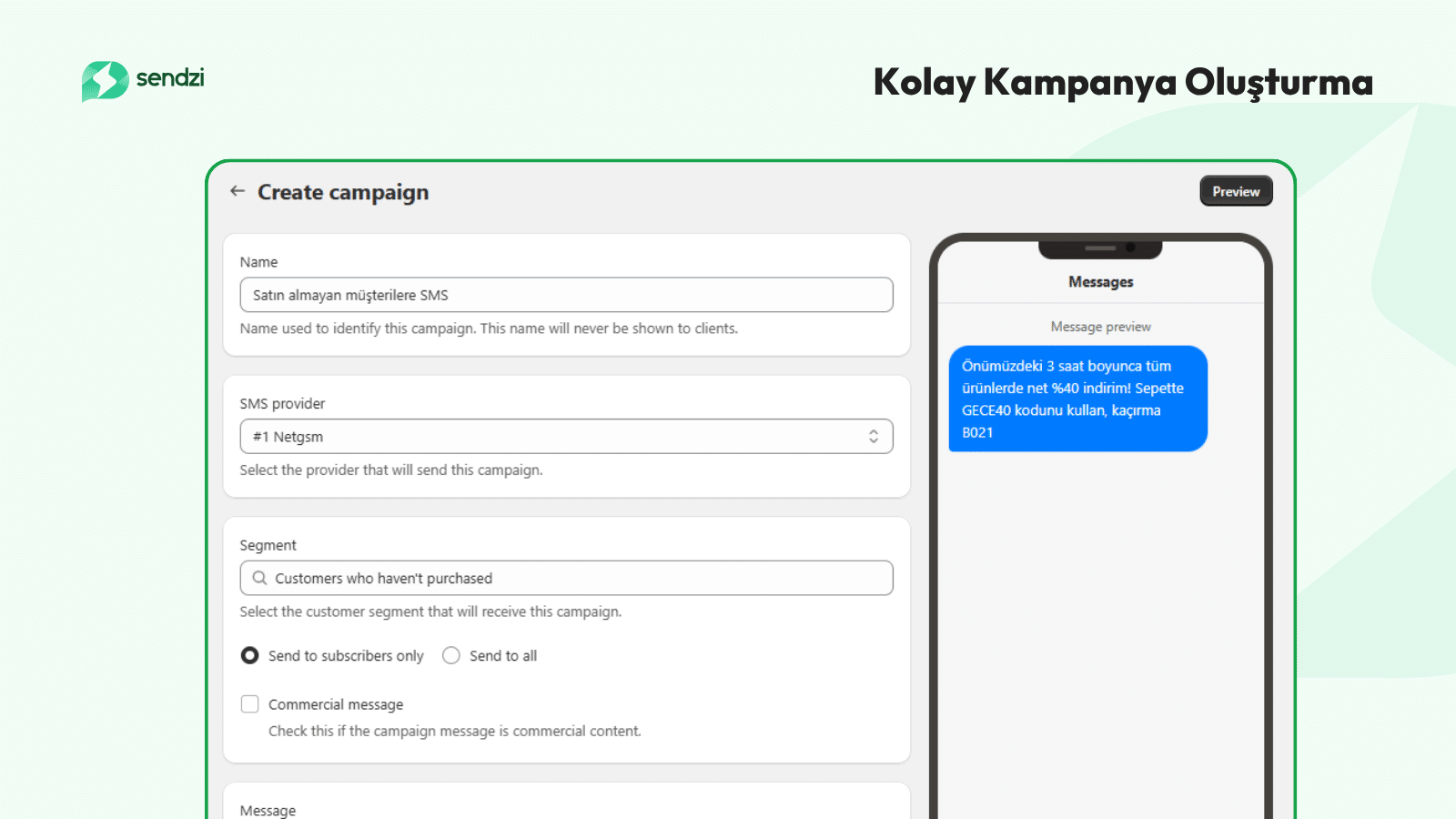 Sendzi ile Shopify SMS pazarlama kampanyası oluşturma ekranı