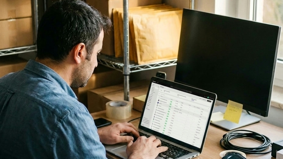 Vibe coding ile entegrasyonunu kuran e-ticaret satıcısı kolilerle dolu ofisinde laptop başında